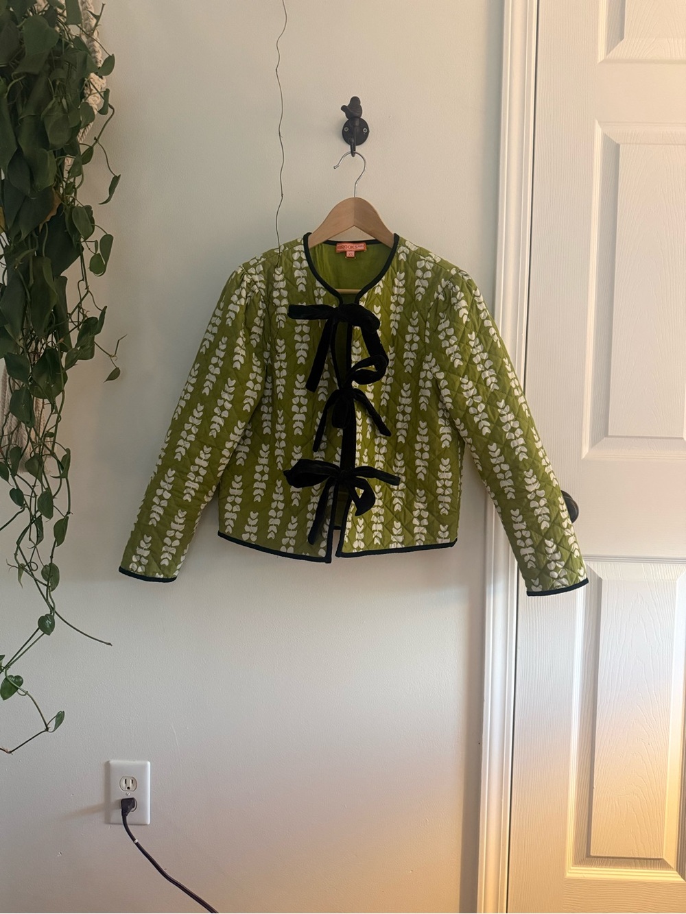 Brooks Olive Green and White Patterned Bow-Front Jacket with Black Trim